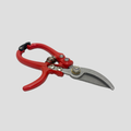 Red and silver pruning shears with a black rubber grip on the handle, shown on a solid gray background.
