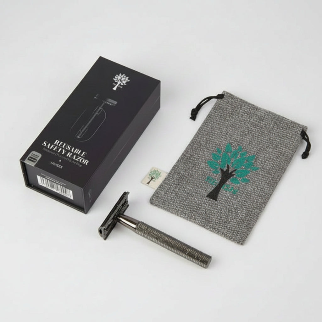 Reusable safety razor set with packaging and pouch on a white background