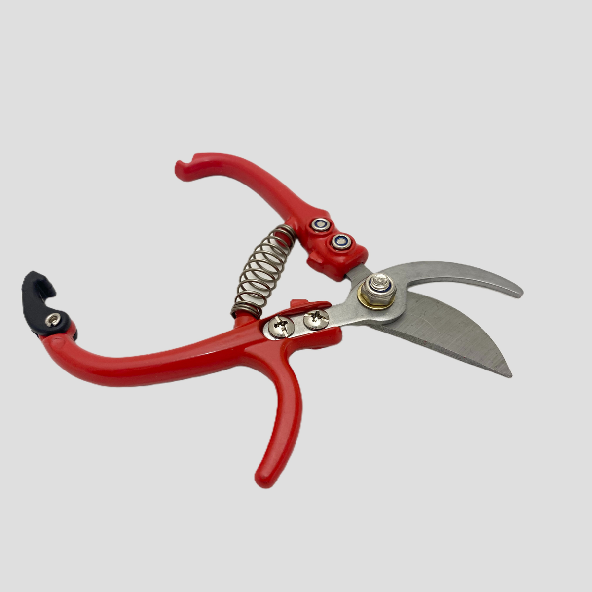 Red and silver pruning shears with a black rubberized grip and a metal spring, shown on a light gray background.