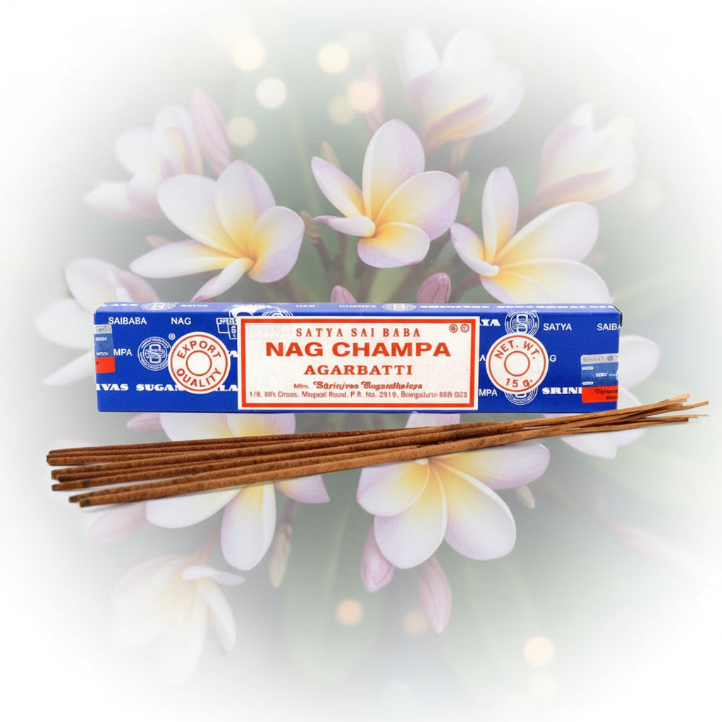 Nag Champa incense sticks with packaging on a white floral background