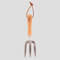 A small garden hand fork with a light-colored wooden handle and a brown leather hanging loop, shown against a solid light gray background.