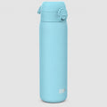 A light blue stainless steel water bottle with a flip-top lid, shown on a plain greybackground. The brand name 'ION' is printed near the bottom.