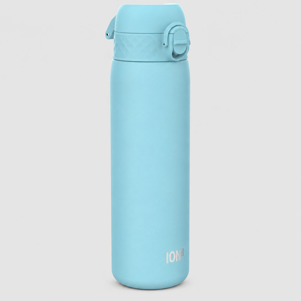 A light blue stainless steel water bottle with a flip-top lid, shown on a plain greybackground. The brand name 'ION' is printed near the bottom.