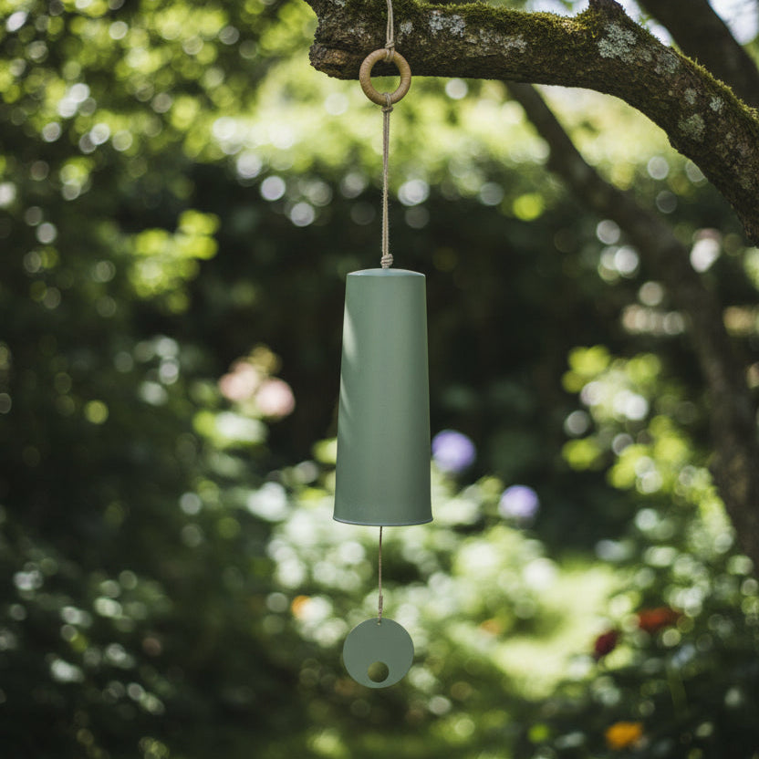 green metal metal winchime hanging in a tree