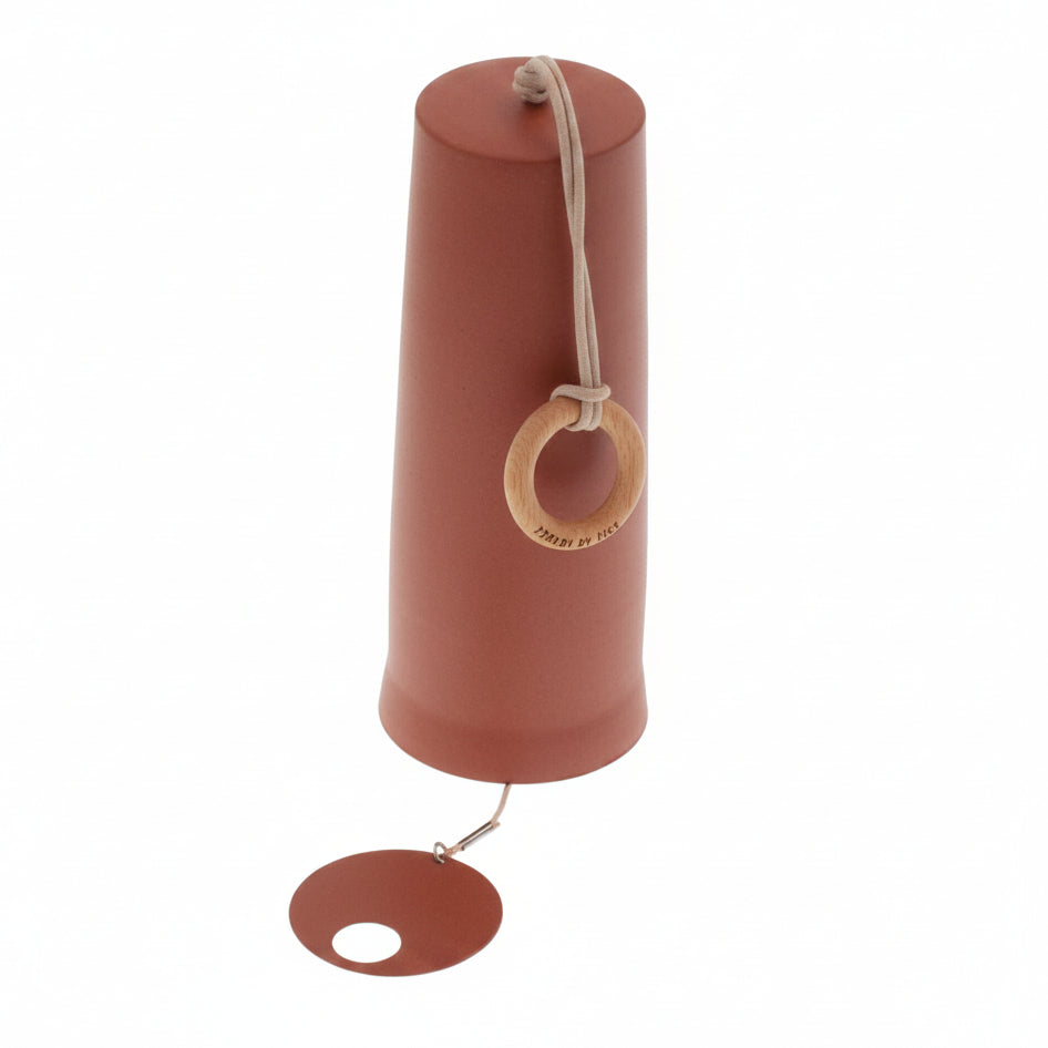 Brown metal windchime with a wooden hanging ring