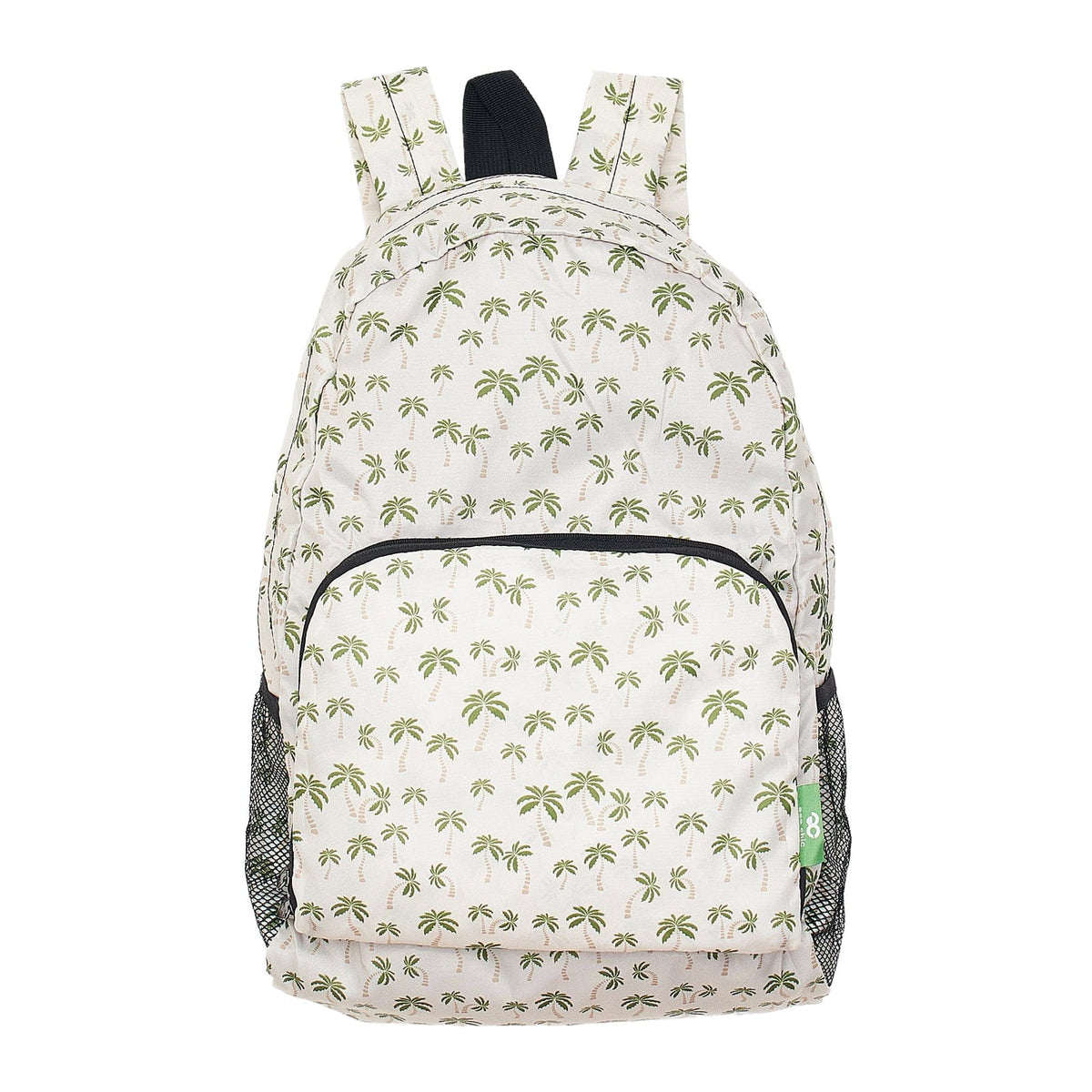 A backpack with an off-white background and a green palm tree pattern, featuring black mesh side pockets and a black top handle, shown against a plain white background.