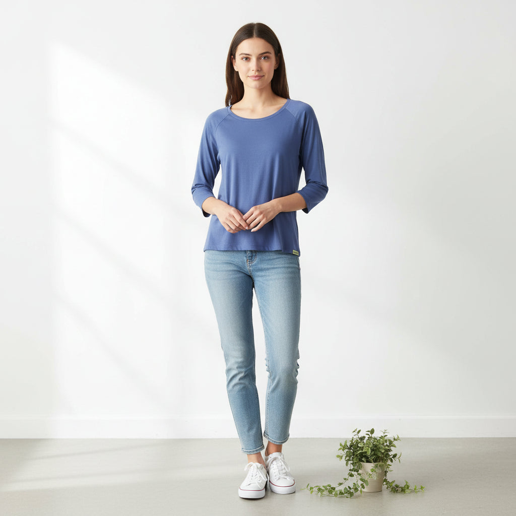 a women wearing a dusky blue 3-4 sleeve t shirt