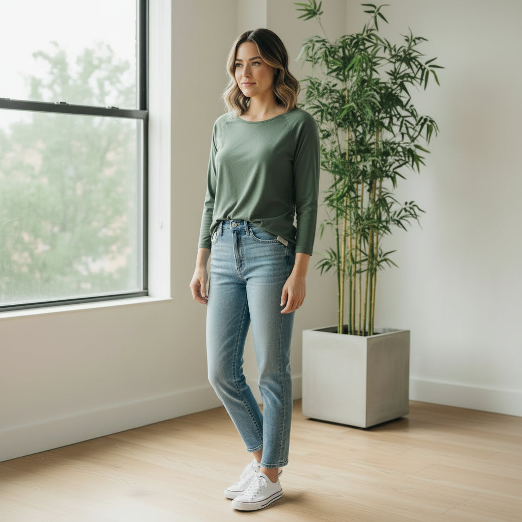 woman wearing 3-4 sleeve t shirt in olive