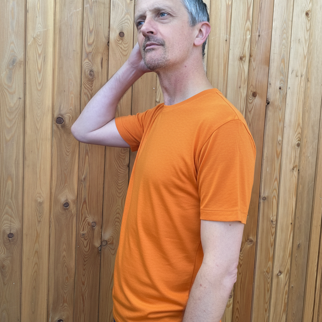 A man wearing a solid orange crew-neck t-shirt, standing against a light brown wooden plank wall.