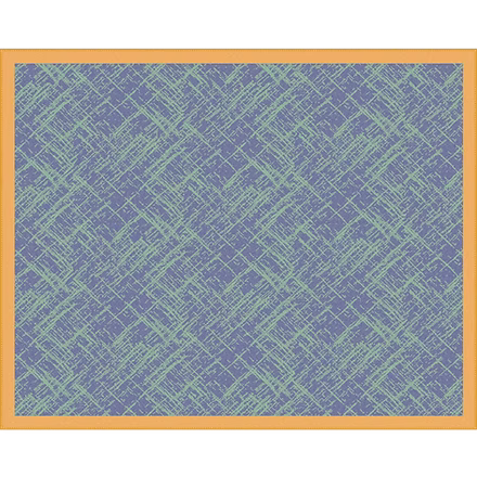A blanket with geometric pattern in light green on a muted purple background, enclosed in a thin orange-brown wooden frame.