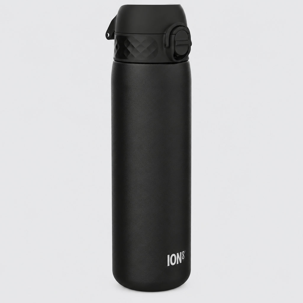 Black water bottle with a flip lid on a grey background