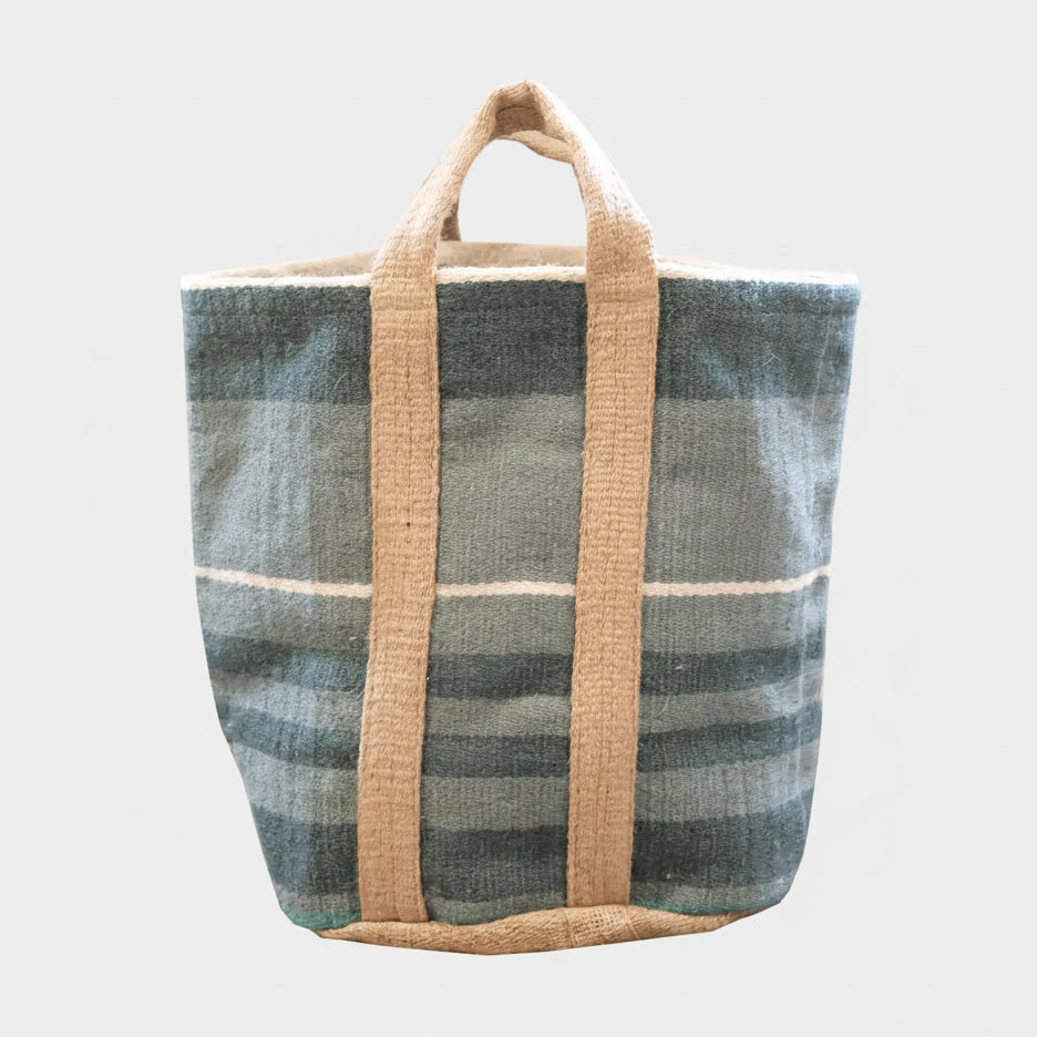 large jute storage bag blue , grey stripe