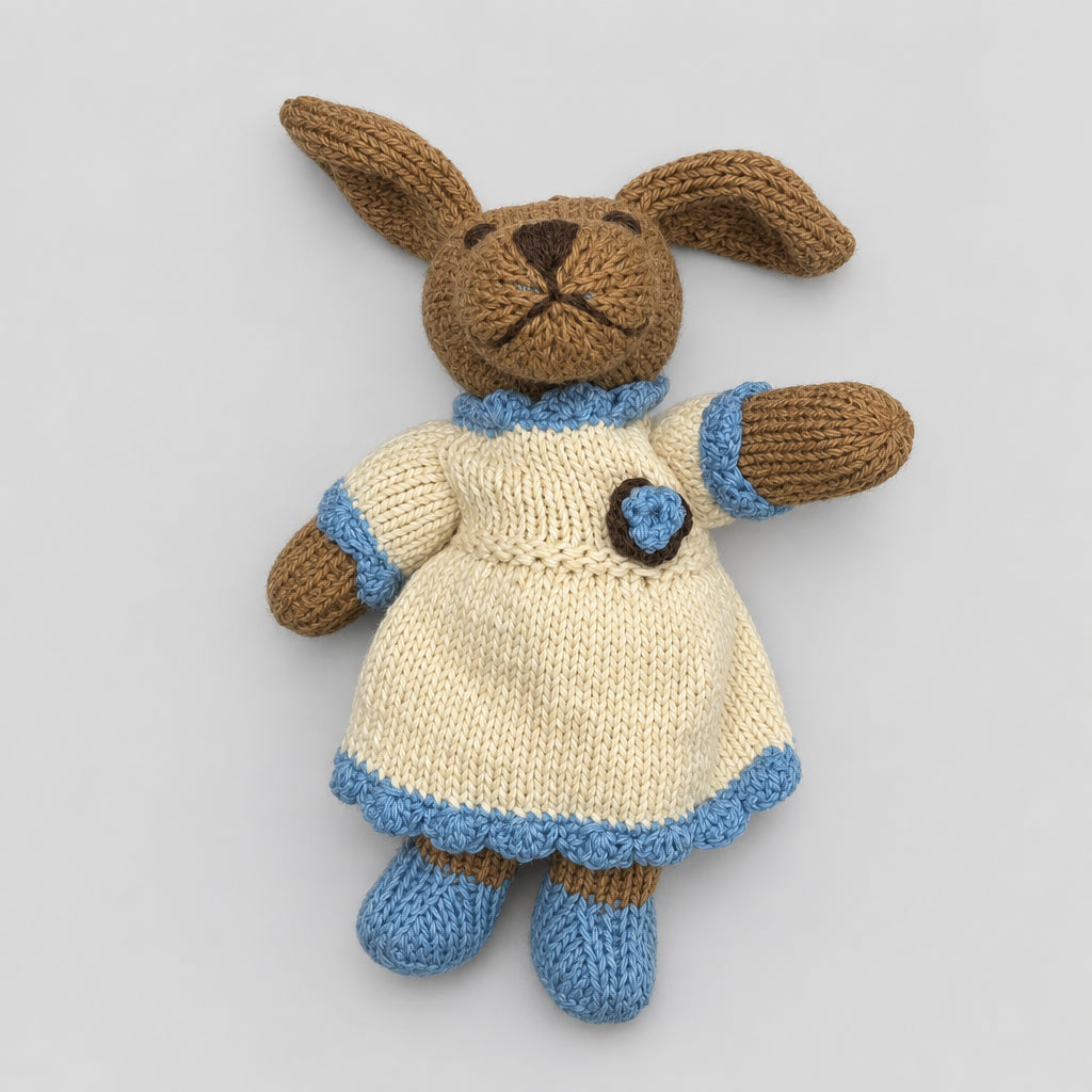 A handmade knitted dog doll wearing a cream-colored dress with light blue trim and matching blue booties.