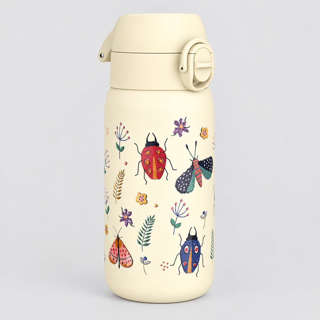 Cream-colored water bottle with insect and floral design on a white background