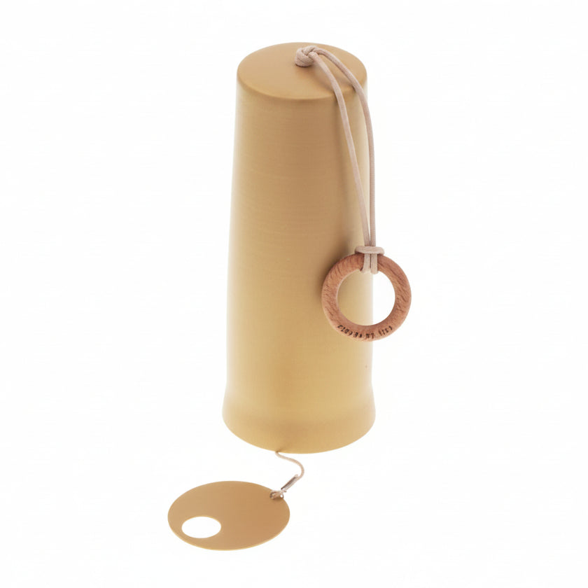beige metal windchime with a wooden hanging ring