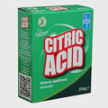 Green box of Citric Acid natural appliance descaler with branding and product details.