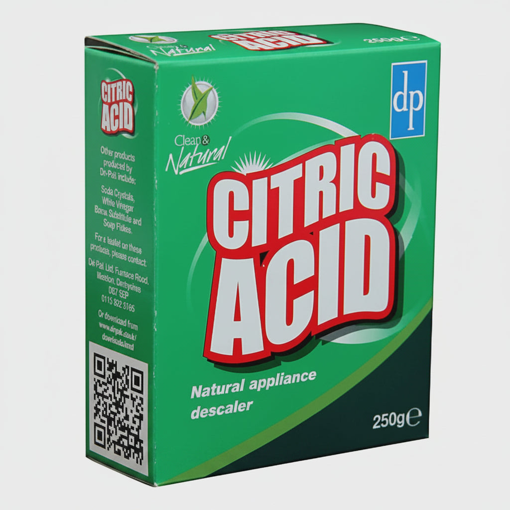 Green box of Citric Acid natural appliance descaler with branding and product details.