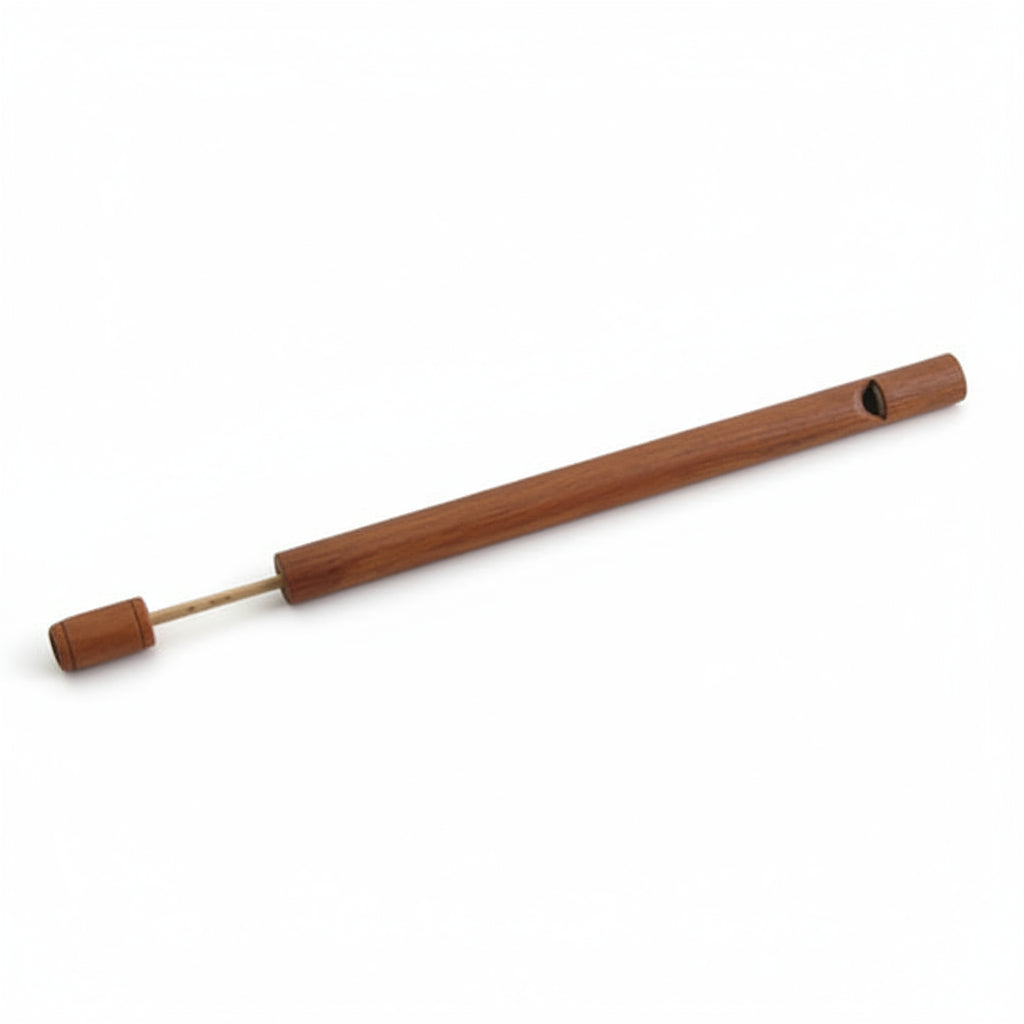 A wooden whistle with a cylindrical body and a single wooden slab used to produce sound.