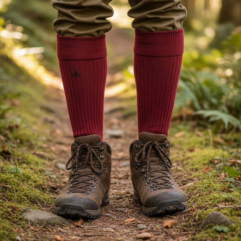 A pair of ribbed crew socks in a deep burgundy red, featuring a small embroidered black logo on the upper cuff, set against a plain light gray background.