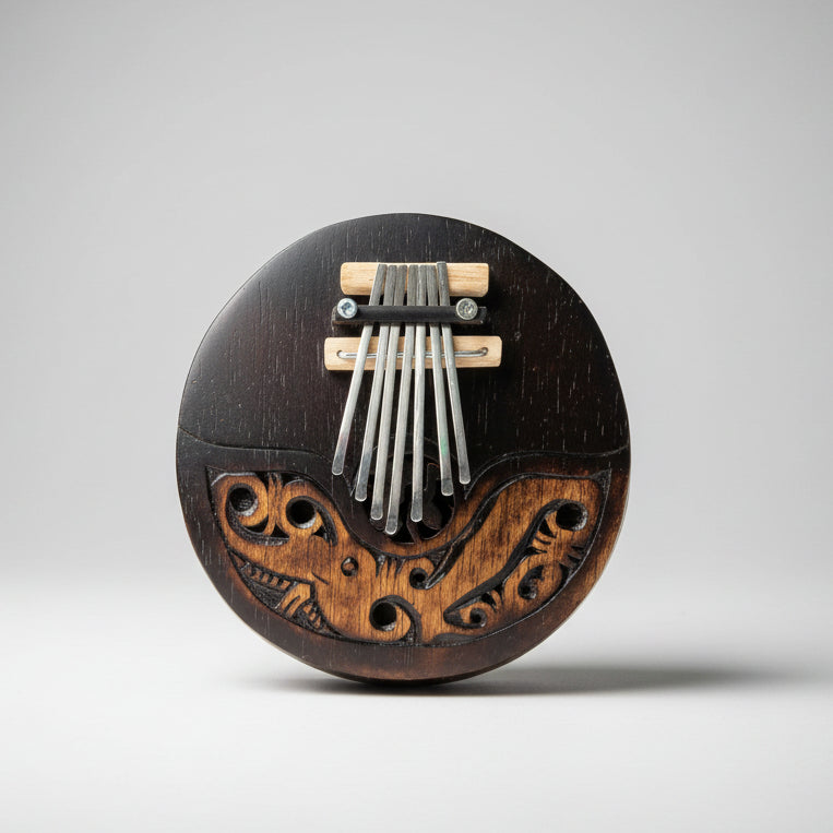 A circular wooden kalimba thumb piano with carved details and metal tuning keys.