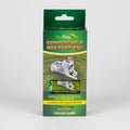 Packaging of compostable dog poo bags with a green and white color scheme, featuring an image of a dog and text detailing the product.