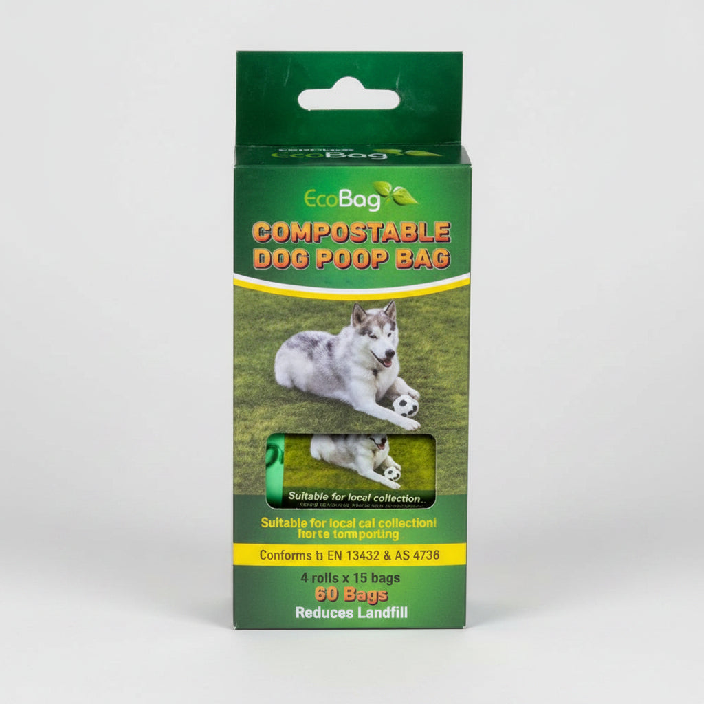 Packaging of compostable dog poo bags with a green and white color scheme, featuring an image of a dog and text detailing the product.