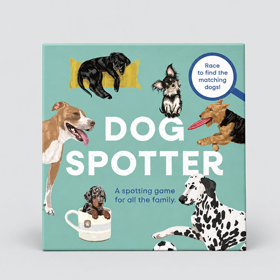 Dog Spotter spotting game box featuring colorful illustrations of various dog breeds on a light teal background with white title text.