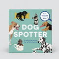 Dog Spotter spotting game box featuring colorful illustrations of various dog breeds on a light teal background with white title text.