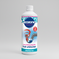 A bottle of Ecozone Plughole Hair Unblocker, designed to dissolve hair build-up in blocked plumbing.