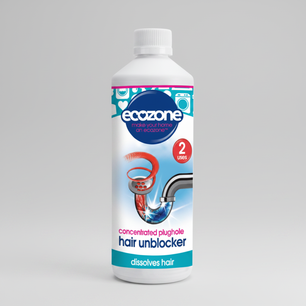 A bottle of Ecozone Plughole Hair Unblocker, designed to dissolve hair build-up in blocked plumbing.