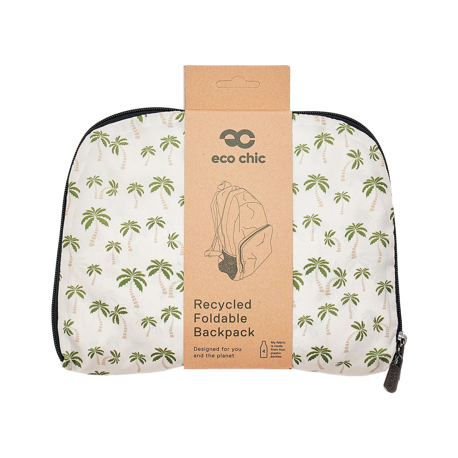 A folded eco chic recycled foldable backpack in a cream color with a green palm tree pattern, wrapped in a brown kraft paper band.