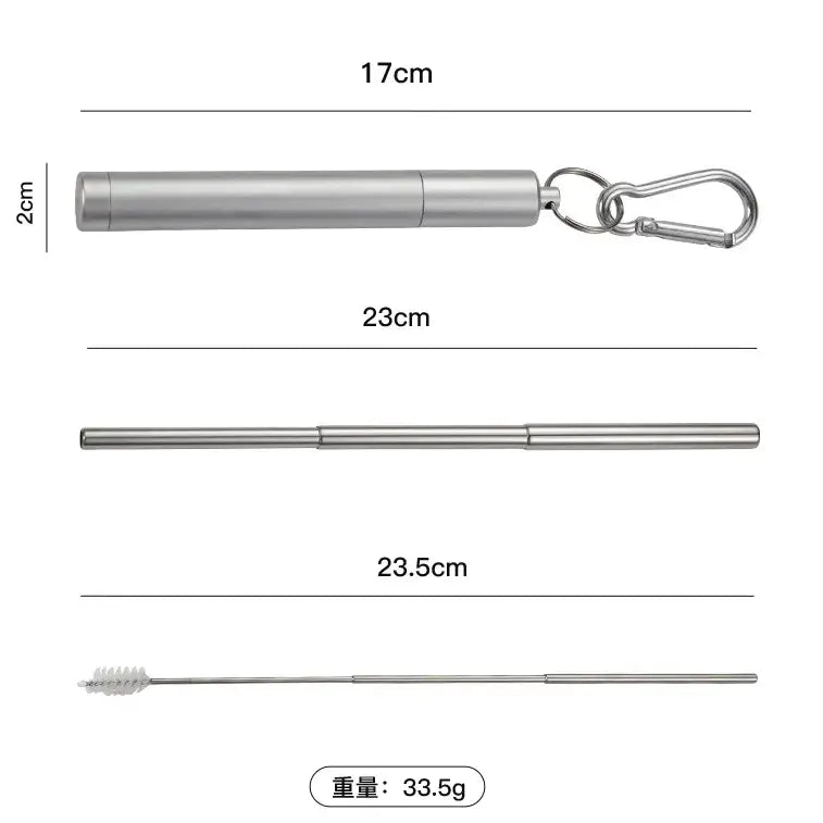 Silver metal cleaning straw set with a cylindrical canister, a long rod, a straw cleaner, and a carabiner, shown with dimension labels (17cm, 23cm, 23.5cm) and a weight label (33.