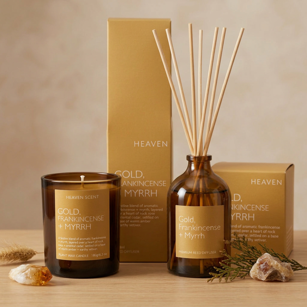 Gold, Frankincense & Myrrh candle and reed diffuser together