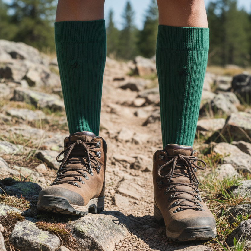  a hikers feet with green bamboo socks and boots