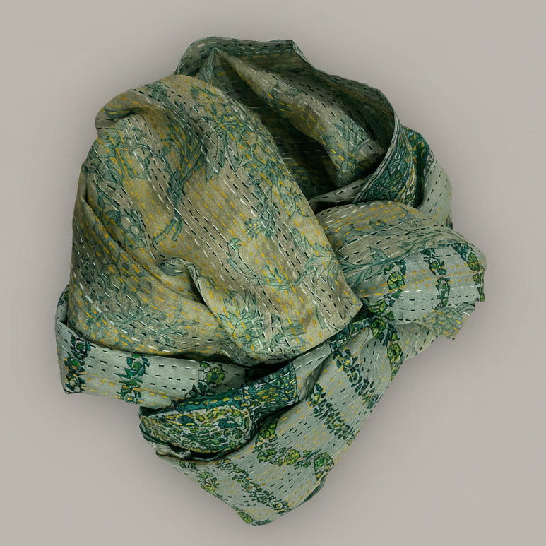green fabric scarf kantha stiching