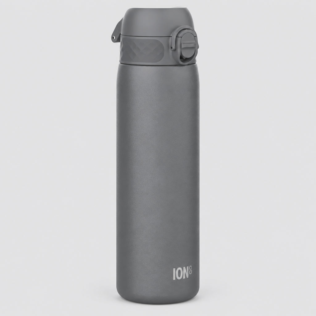 A dark gray stainless  steel water bottle with a matching dark gray flip-top lid and a small carry loop, shown on a plain grey background. The brand name 'ION' is printed near the bottom.