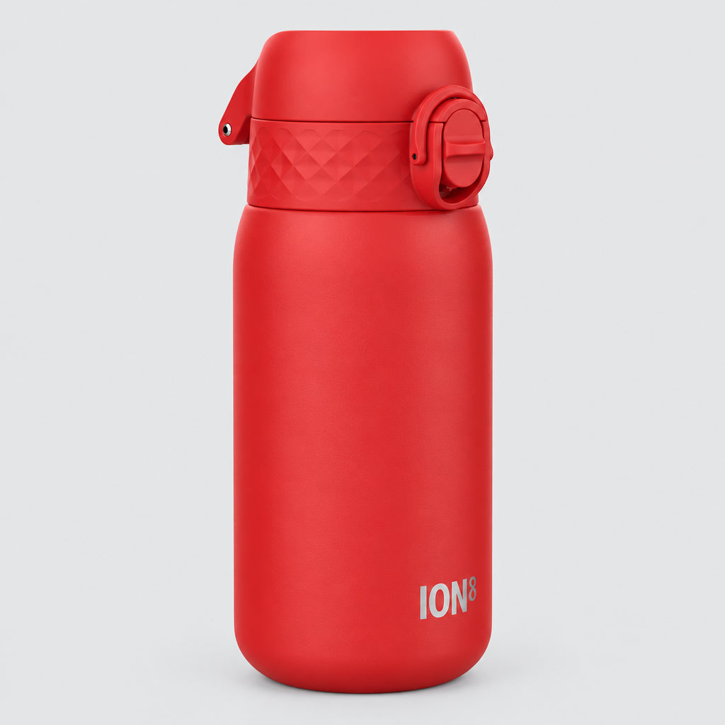 A matte red stainless steel water bottle with a matching red flip-top lid and a small white ION logo near the bottom, shown on a plain grey background.
