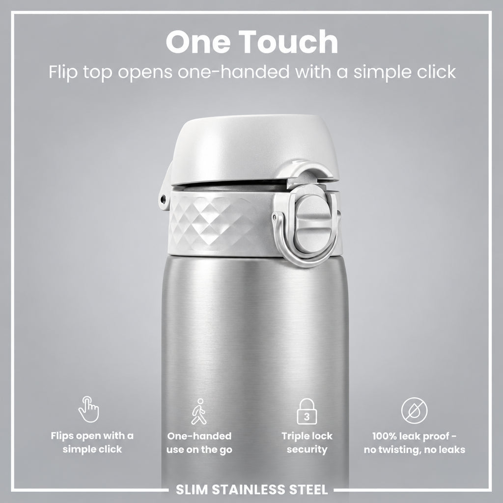 A stainless steel water bottle , shown on a grey background with promotional text explaining the 'One Touch' flip-top feature.