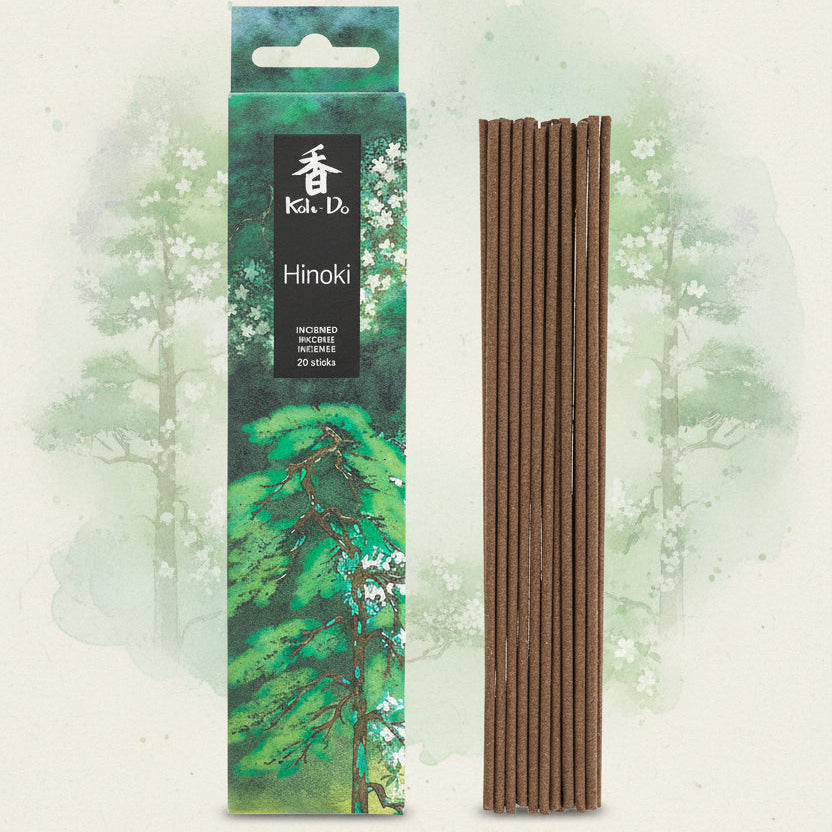 japanese koh do incense - Hinoki next to box with tree design