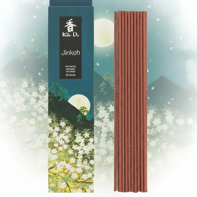 japanese koh do incense - Hinoki next to box showing moon and flowers