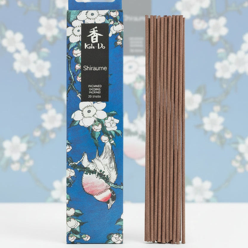 japanese koh do incense - Shiraume next to box with brd and flower design