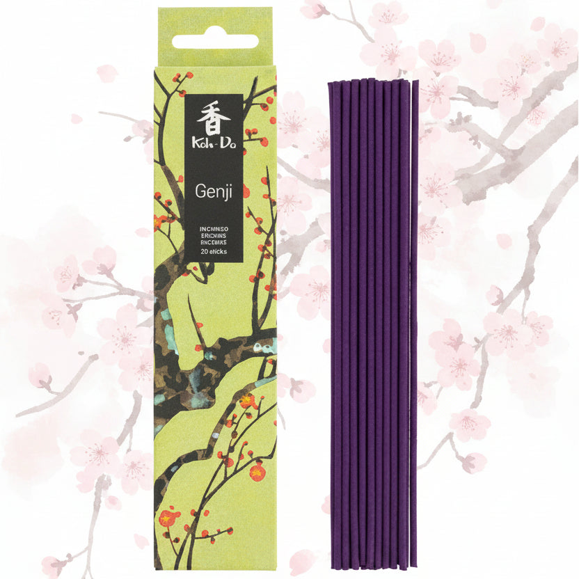 japanese koh do incense - genji next to a box with cherry bossum design
