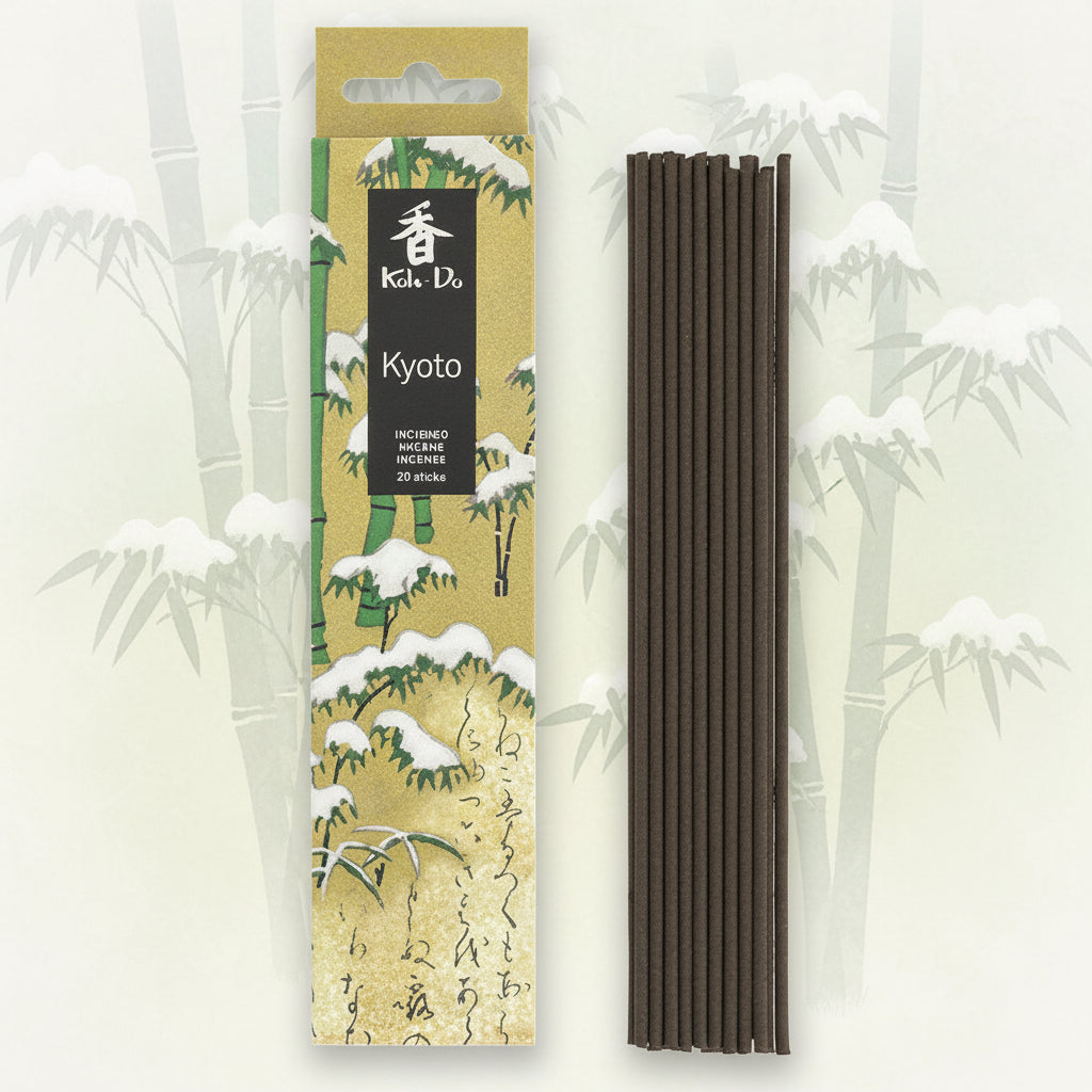 incense sticks and a box showing bamboo with snow