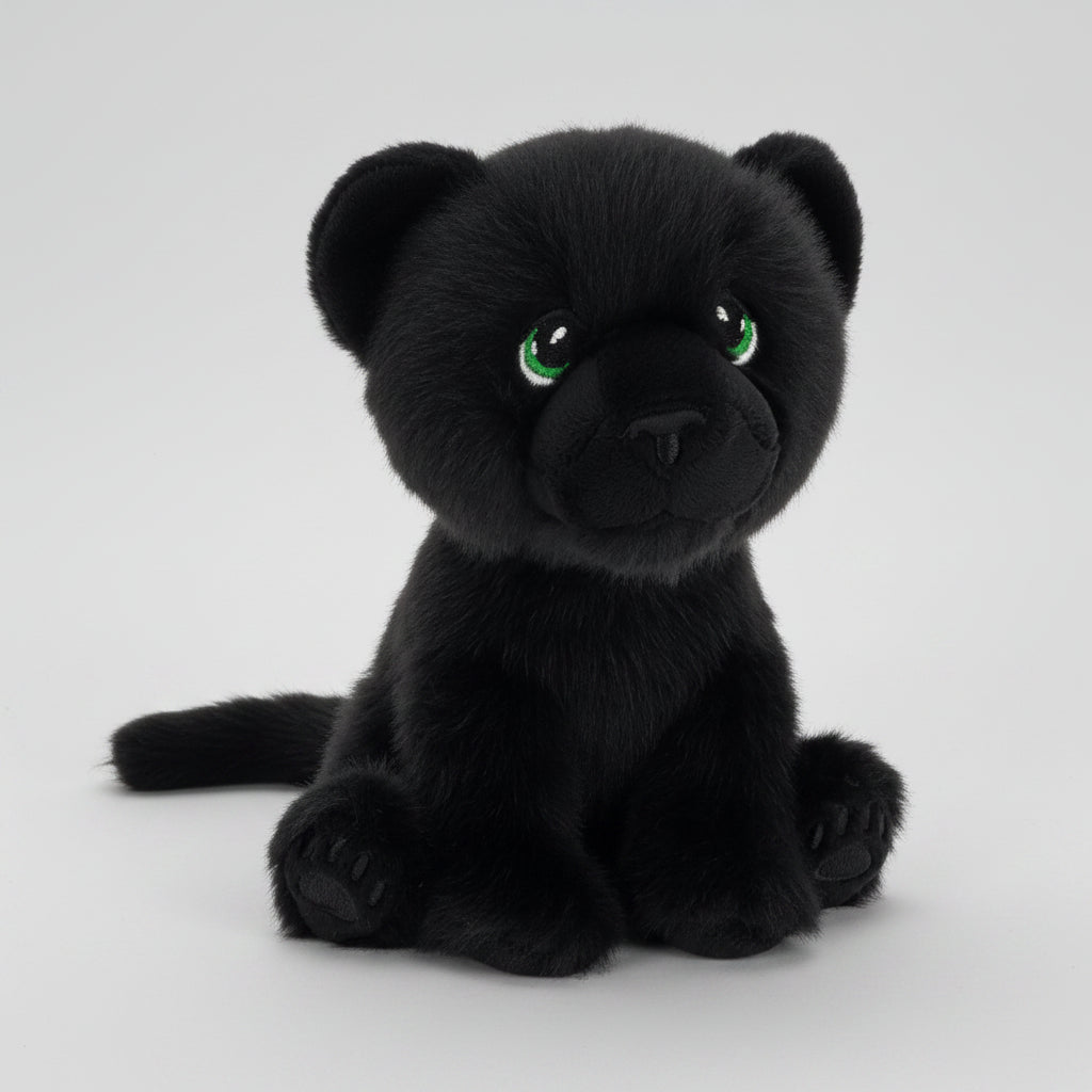 Black jungle cat plush toy with green eyes on a white background