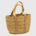 Natural woven jute tote bag with two top handles, shown on a plain white background.