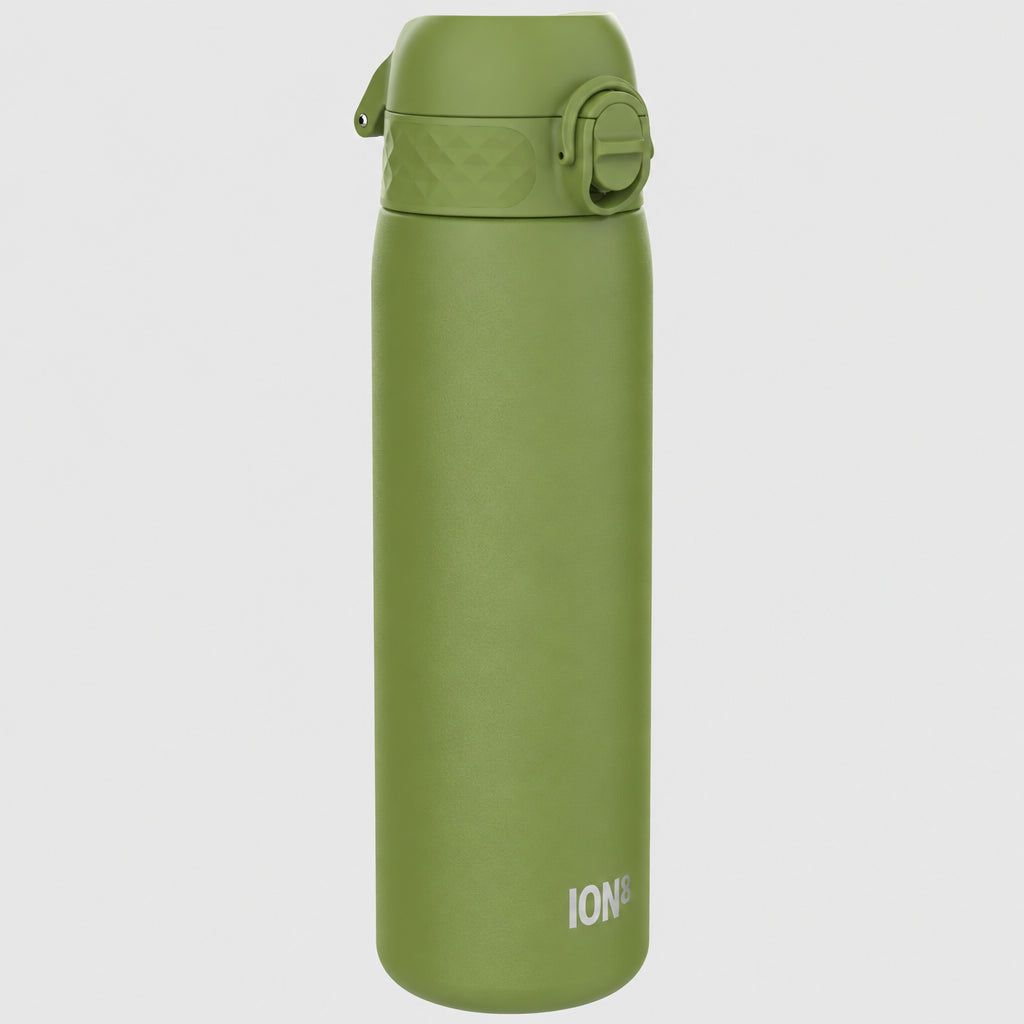 A matte olive green stainless steel water bottle with a flip-top lid and a small white ION logo near the bottom, shown on a plain grey background.