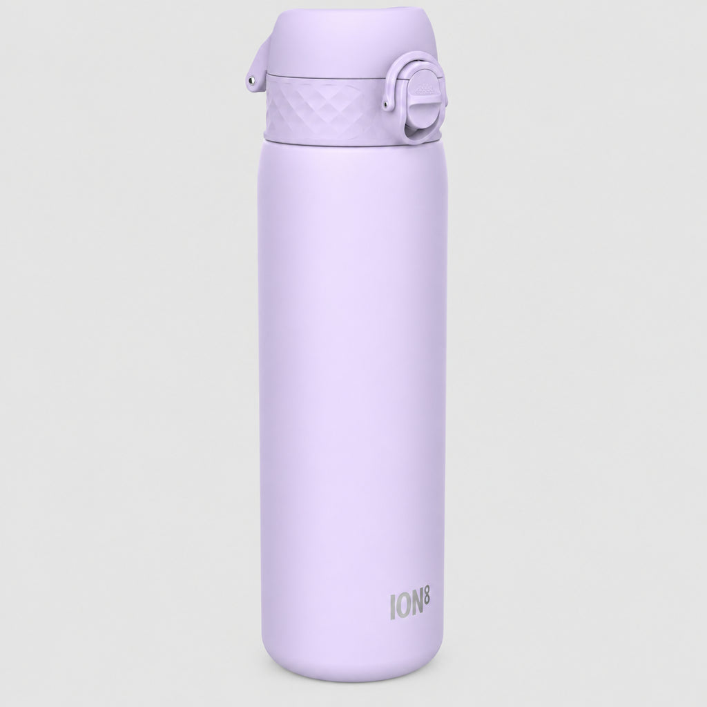 A light pink stainless steel water bottle with a matching flip-top lid, featuring the ION8 logo near the bottom, set against a plain grey background.