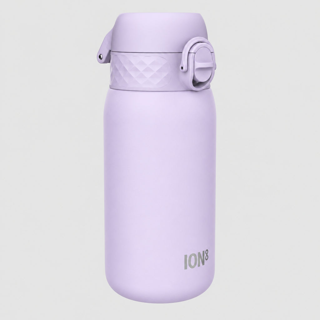 A light pink stainless steel water bottle with a matching flip-top lid, featuring the brand name 'ION' printed near the bottom, set against a plain grey background.