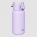 A light pink stainless steel water bottle with a matching flip-top lid, featuring the brand name 'ION' printed near the bottom, set against a plain grey background.