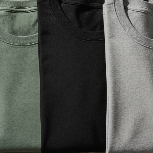 Three folded long-sleeve crewneck T-shirts in sage green, black, and light gray are arranged side by side.